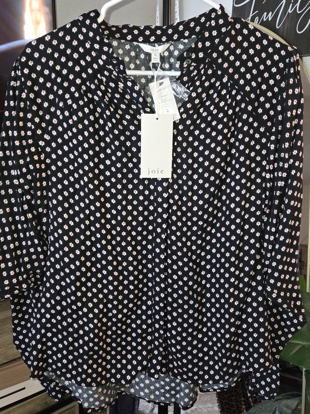 Joie Black Blouse with Pink and White Floral Dot Print